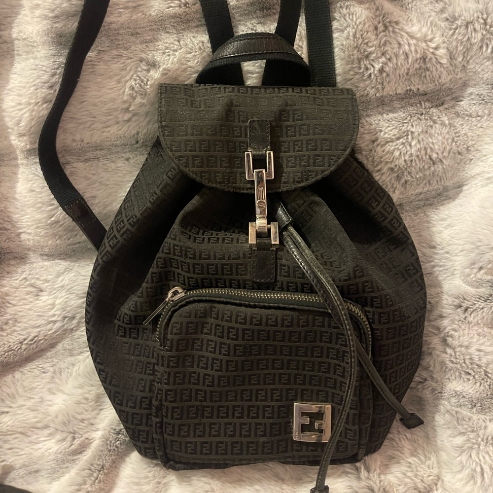 Fendi Black Monogram FF Canvas Drawstring Mini Backpack